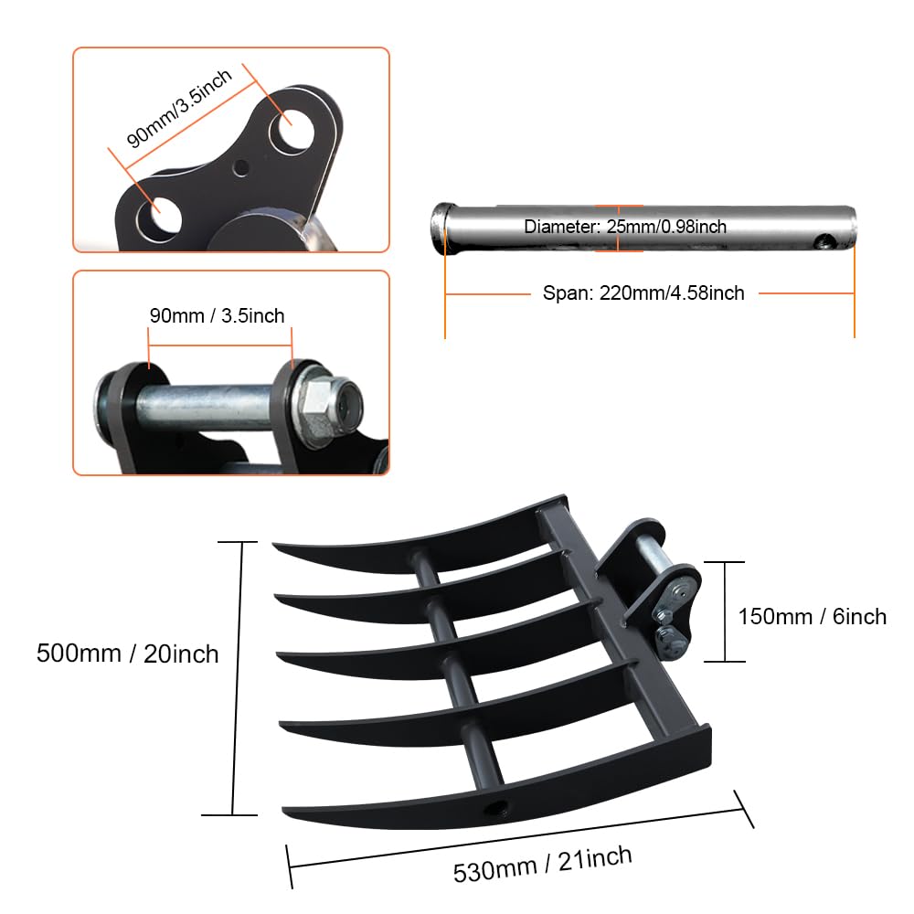 HUAYEE Mini Excavator Rake for 1-1.8 Ton Machines - Heavy-Duty Attachment with Pins for Soil Cultivation & Landscaping