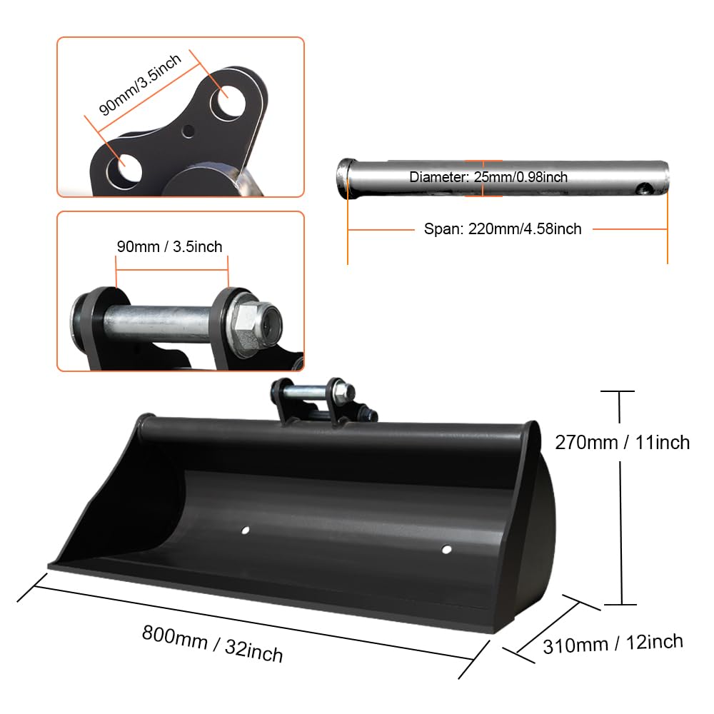 HUAYEE 800mm Toothless Bucket with Pins – Heavy-Duty Attachment for 1-1.8 Ton Mini Excavator.in-Stock in The US