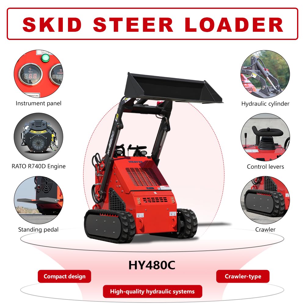 HY480C Crawler Stand-On Mini Skid Steer Loader with Bucket, 23HP EPA Certified Gas Engine, for Landscaping Farm Construction, Curbside delivery & Professional unloading Included