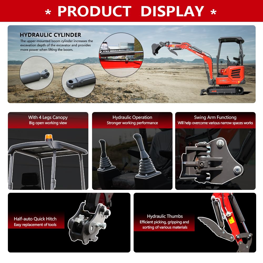 HY18B 2T Mini Excavator, KubotaDiesel 14HP, w/Pilot Controls Side Swing Boom for Construction Landscaping, Includes Hydraulic Thumb & Semi-Auto Quick Coupler, Includes delivery & unloading services