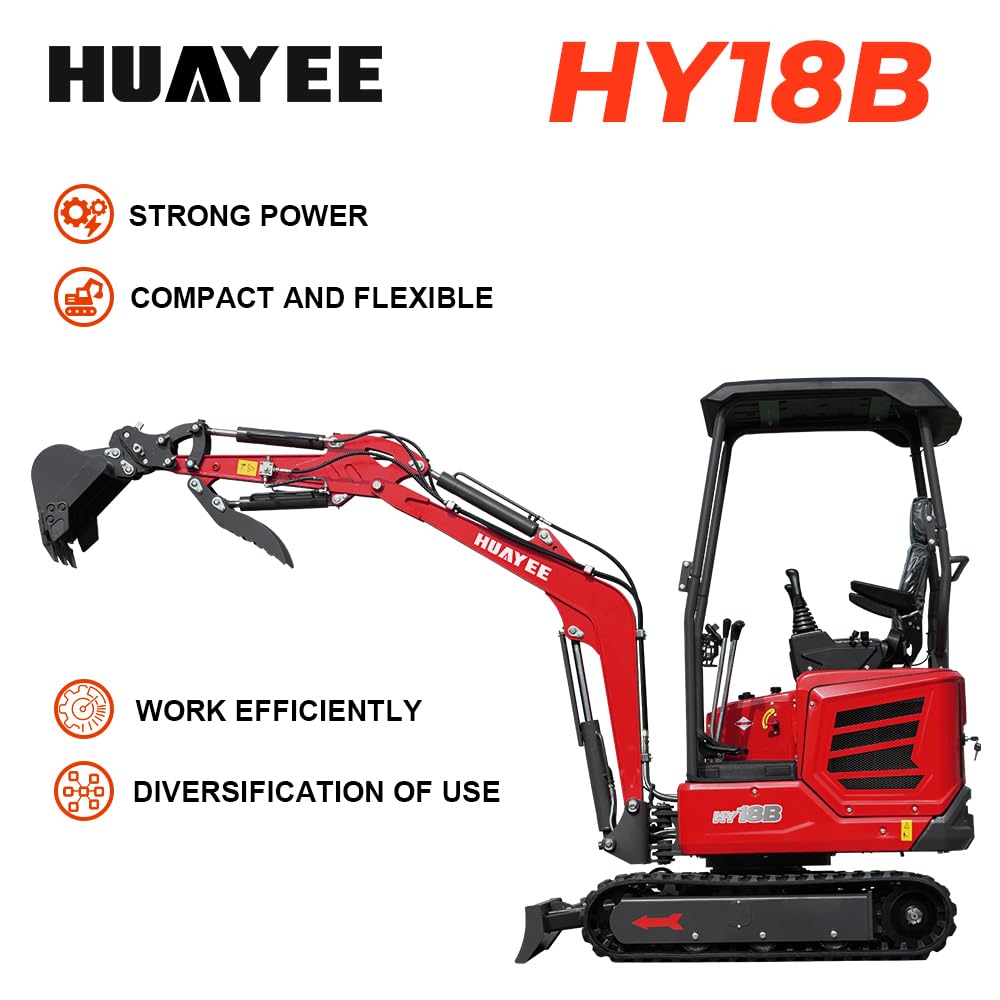 HY18B 2T Mini Excavator, KubotaDiesel 14HP, w/Pilot Controls Side Swing Boom for Construction Landscaping, Includes Hydraulic Thumb & Semi-Auto Quick Coupler, Includes delivery & unloading services