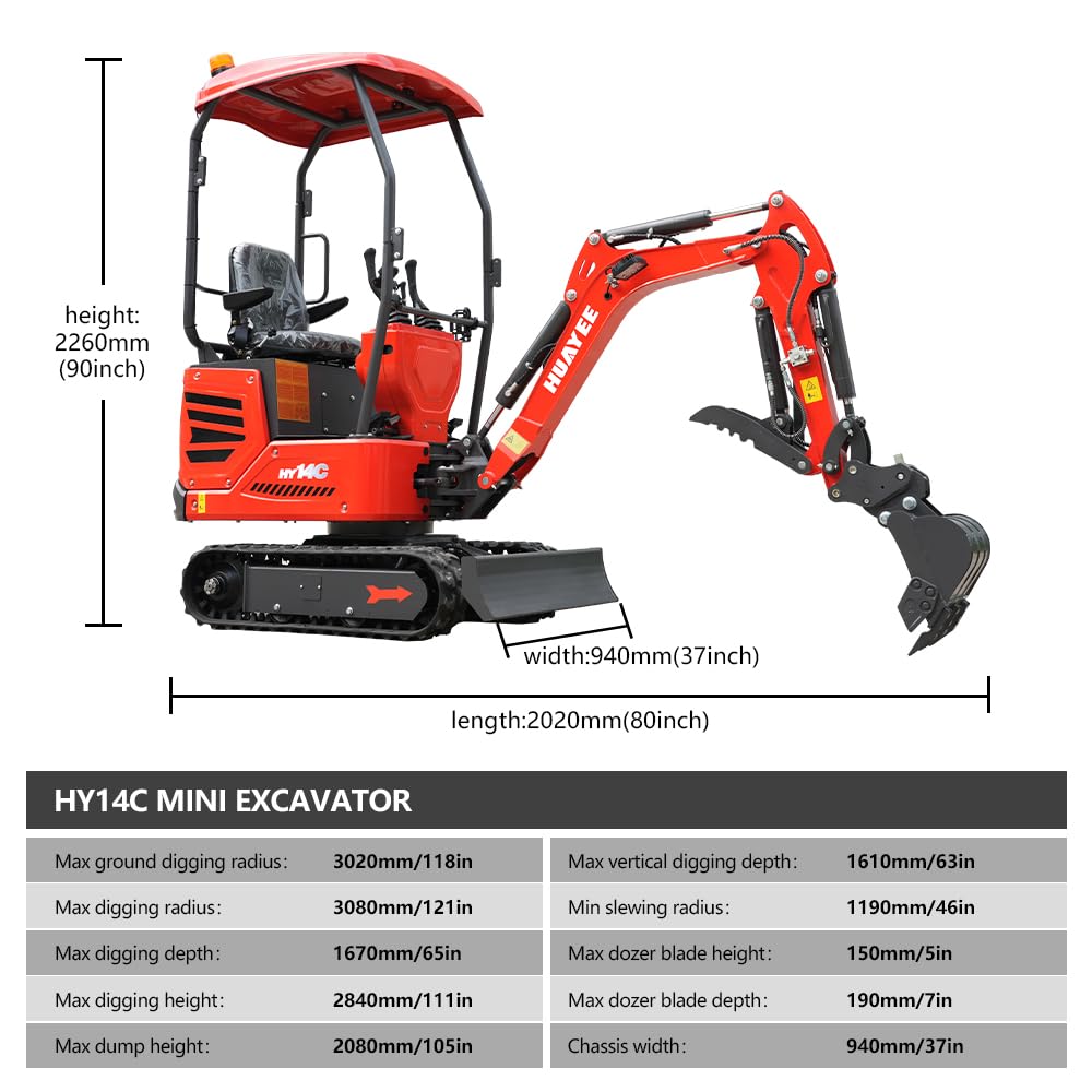 HY14C 1.4 Ton Mini Excavator w/Side Swing Boom, Semi-Auto Quick Coupler & Hydraulic Thumb for Tight Space Construction, Landscaping, Farming 13.5HP B&S Engine, Includes delivery & unloading services