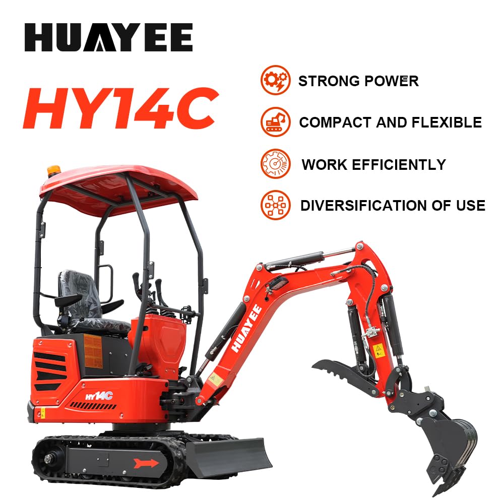 HY14C 1.4 Ton Mini Excavator w/Side Swing Boom, Semi-Auto Quick Coupler & Hydraulic Thumb for Tight Space Construction, Landscaping, Farming 13.5HP B&S Engine, Includes delivery & unloading services