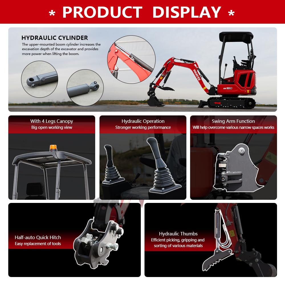 HY16C 1.6T Mini Excavator, KubotaDiesel 14HP, w/Pilot Controls Side Swing Boom for Construction Landscaping, Includes Hydraulic Thumb & Semi-Auto Quick Coupler, Includes delivery & unloading services