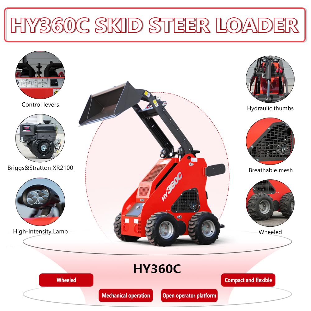 HY360C Wheeled Stand-On Mini Skid Steer Loader with Bucket, B&S Gas Engine EPA Certified, Compact for Lawn Farm Garden Material Handling, Curbside delivery & Professional unloading Included