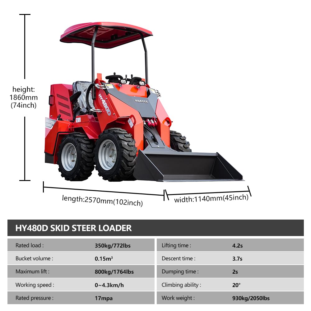 HY480D Ride-On Wheeled Mini Skid Steer Loader with Bucket, 23HP B&S Gas Engine, for Construction Farm Landscaping, Curbside delivery & Professional unloading Included