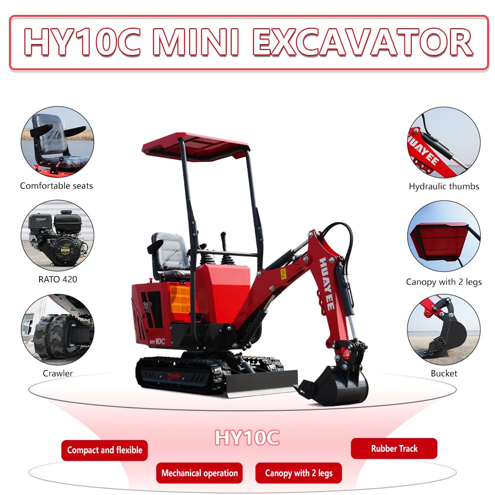 HY10C 1 Ton Mini Excavator, 13.5HP Gasoline Powered Compact Digger with EPA Certificate, Curbside Loading and Professional Delivery