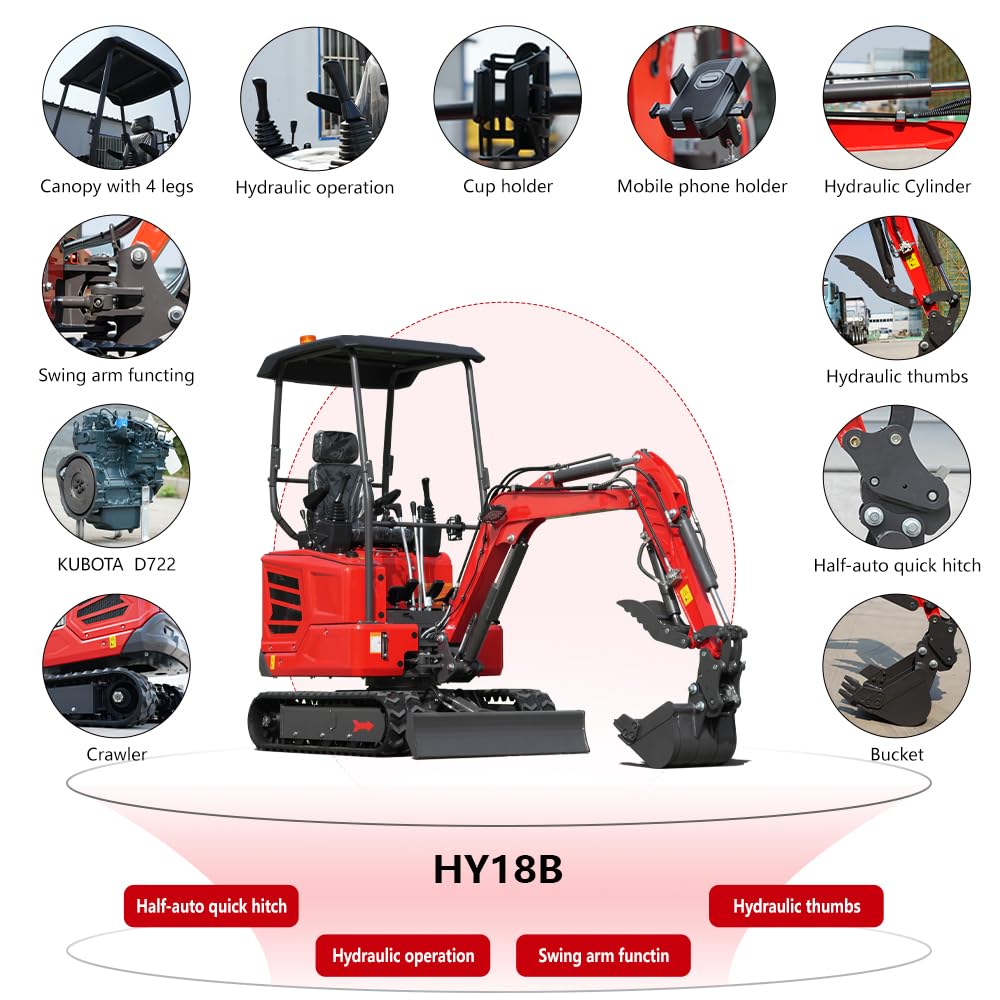 HY18B 2T Mini Excavator, KubotaDiesel 14HP, w/Pilot Controls Side Swing Boom for Construction Landscaping, Includes Hydraulic Thumb & Semi-Auto Quick Coupler, Includes delivery & unloading services
