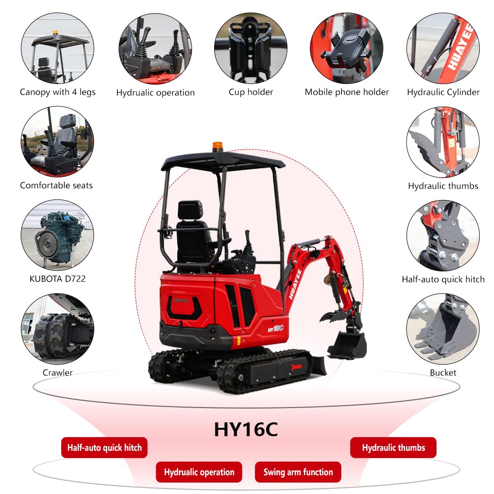 HY16C 1.6T Mini Excavator, KubotaDiesel 14HP, w/Pilot Controls Side Swing Boom for Construction Landscaping, Includes Hydraulic Thumb & Semi-Auto Quick Coupler, Includes delivery & unloading services