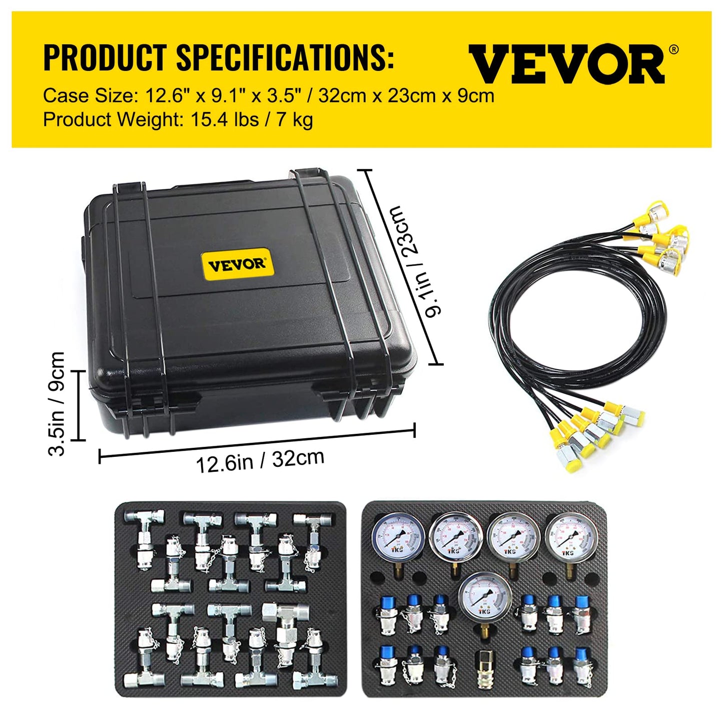 VEVOR Hydraulic Pressure Test Kit, 10/100/250/400/600bar, 5 Gauges 13 Test Couplings 14 Tee Connectors 5 Test Hoses, Hydraulic Gauge Kit with Sturdy Carrying Case, for Excavator Construction Machinery