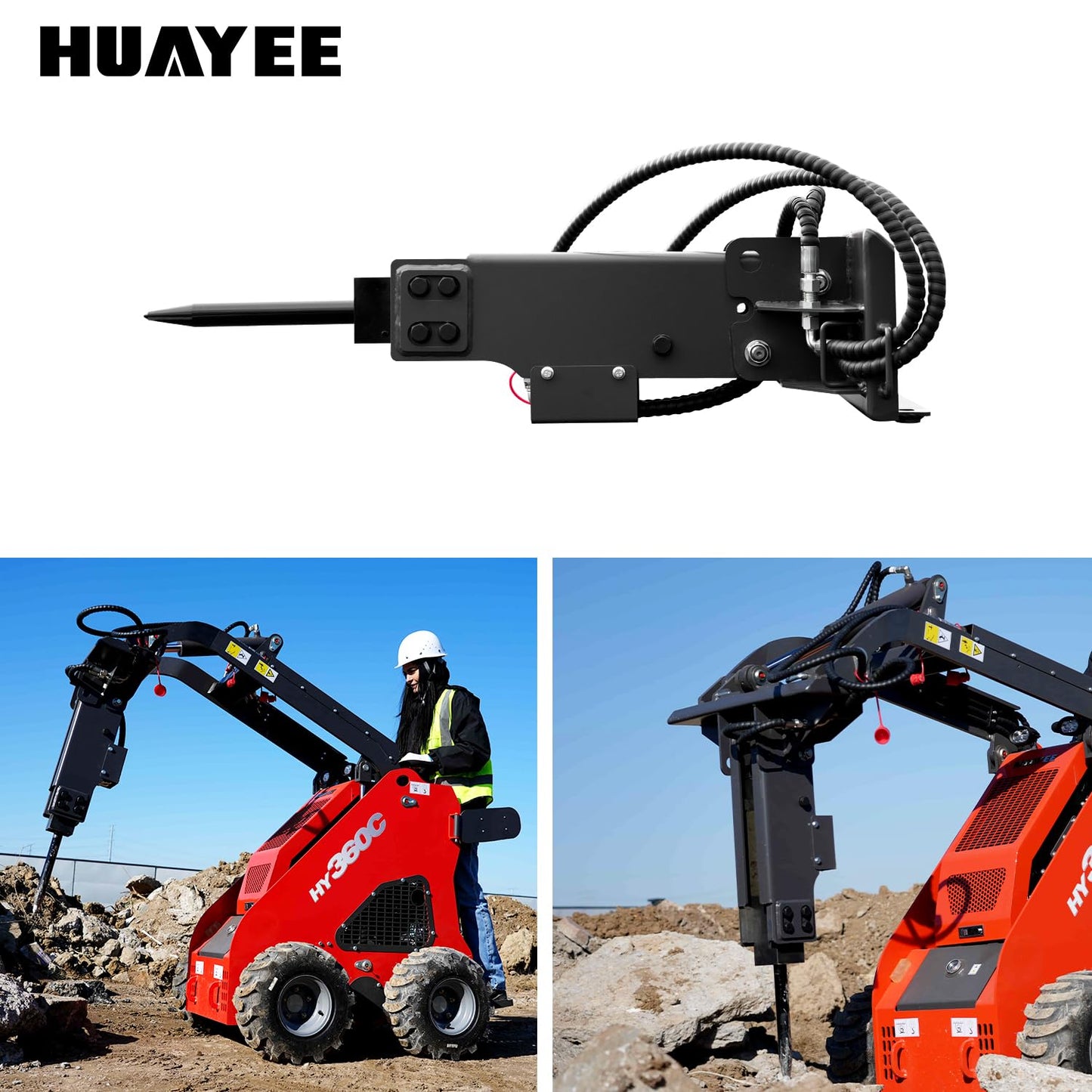 HUAYEE Hydraulic Breaker Attachment for Skid - Steer Loaders - Ideal for Construction Demolition, Rock Breaking & Concrete Crushing - USA Stock