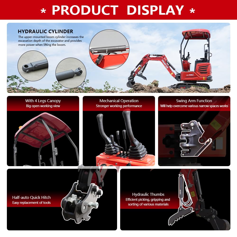 HY14C 1.4 Ton Mini Excavator w/Side Swing Boom, Semi-Auto Quick Coupler & Hydraulic Thumb for Tight Space Construction, Landscaping, Farming 13.5HP B&S Engine, Includes delivery & unloading services