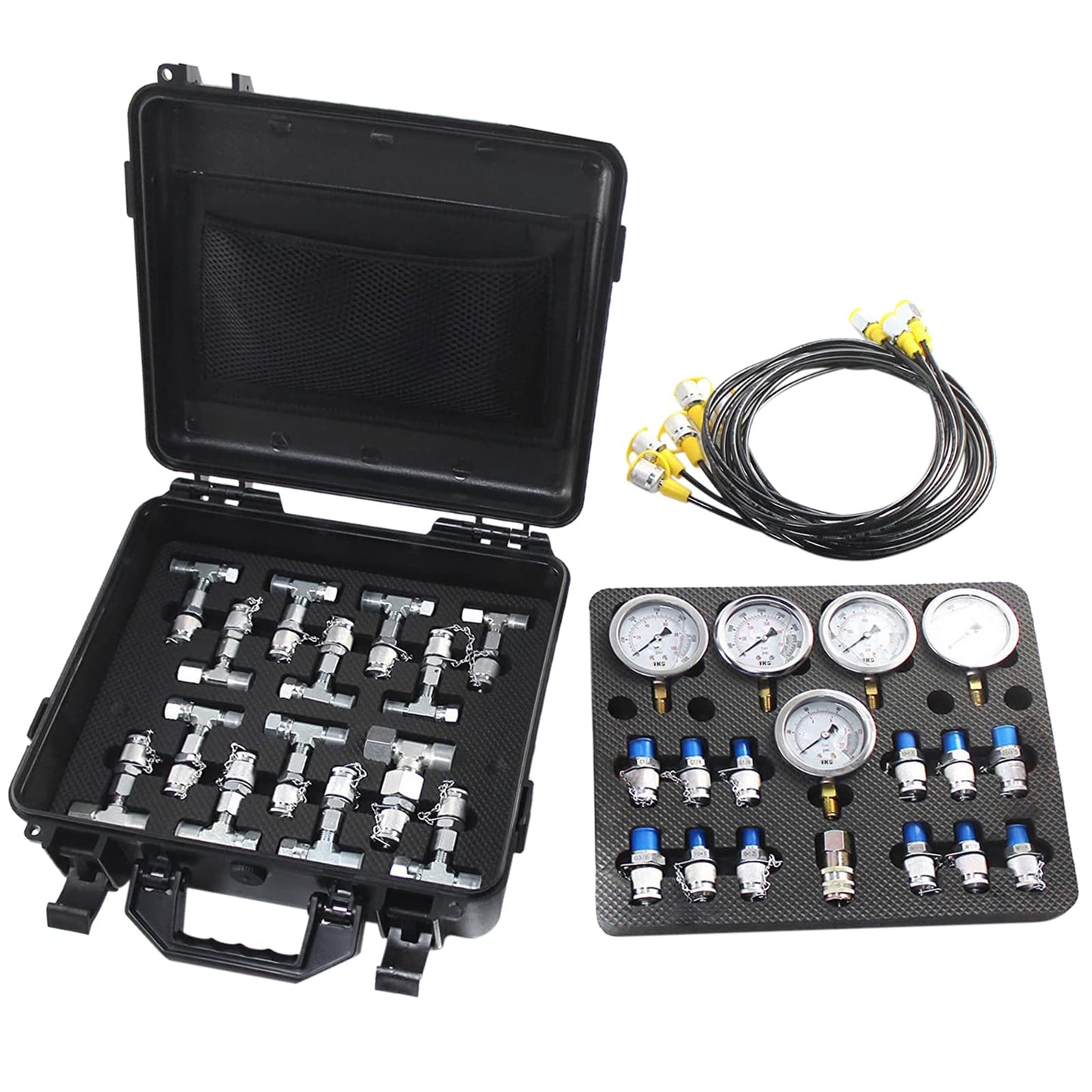 VEVOR Hydraulic Pressure Test Kit, 10/100/250/400/600bar, 5 Gauges 13 Test Couplings 14 Tee Connectors 5 Test Hoses, Hydraulic Gauge Kit with Sturdy Carrying Case, for Excavator Construction Machinery