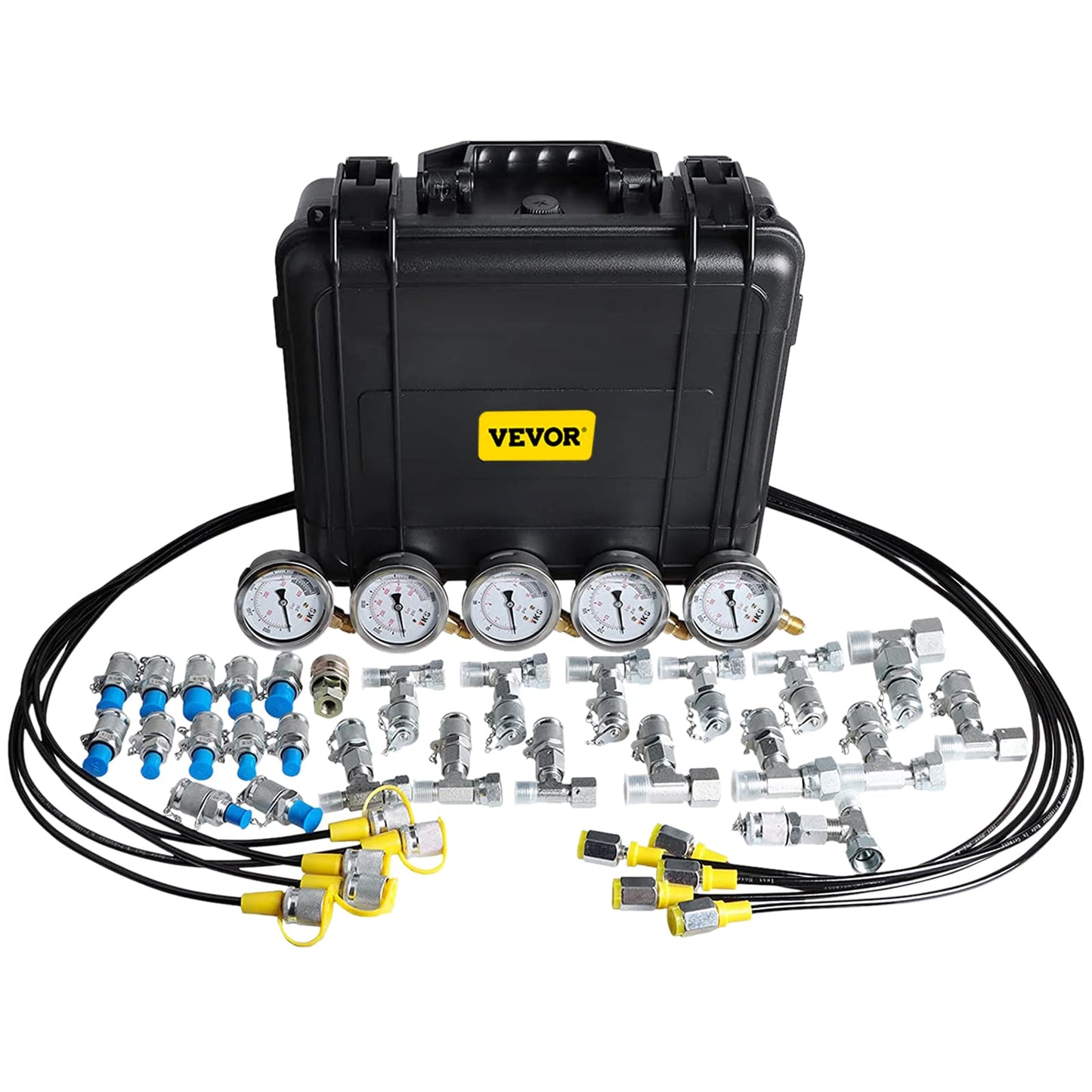 VEVOR Hydraulic Pressure Test Kit, 10/100/250/400/600bar, 5 Gauges 13 Test Couplings 14 Tee Connectors 5 Test Hoses, Hydraulic Gauge Kit with Sturdy Carrying Case, for Excavator Construction Machinery