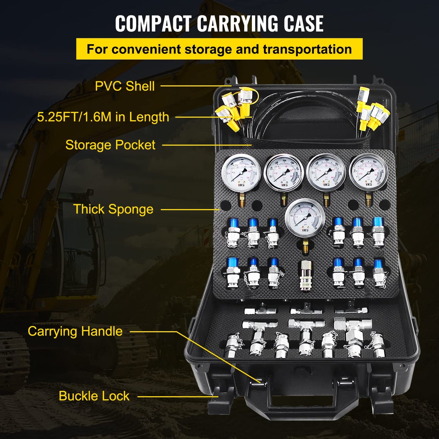 VEVOR Hydraulic Pressure Test Kit, 10/100/250/400/600bar, 5 Gauges 13 Test Couplings 14 Tee Connectors 5 Test Hoses, Hydraulic Gauge Kit with Sturdy Carrying Case, for Excavator Construction Machinery