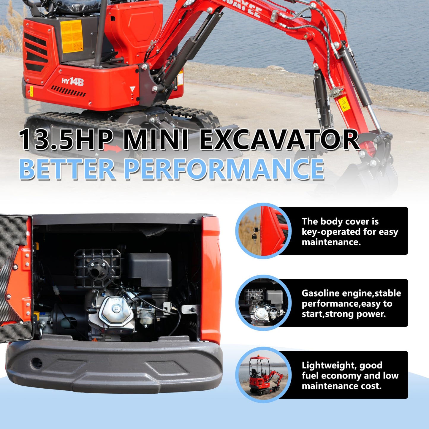 HY14B 1.4T Mini Excavator with Hydraulic Thumb, Quick Coupler, 13.5HP Gasoline Engine, EPA Certified, Rubber Tracks for Compact Digging Jobs, Curbside delivery & Professional unloading Included