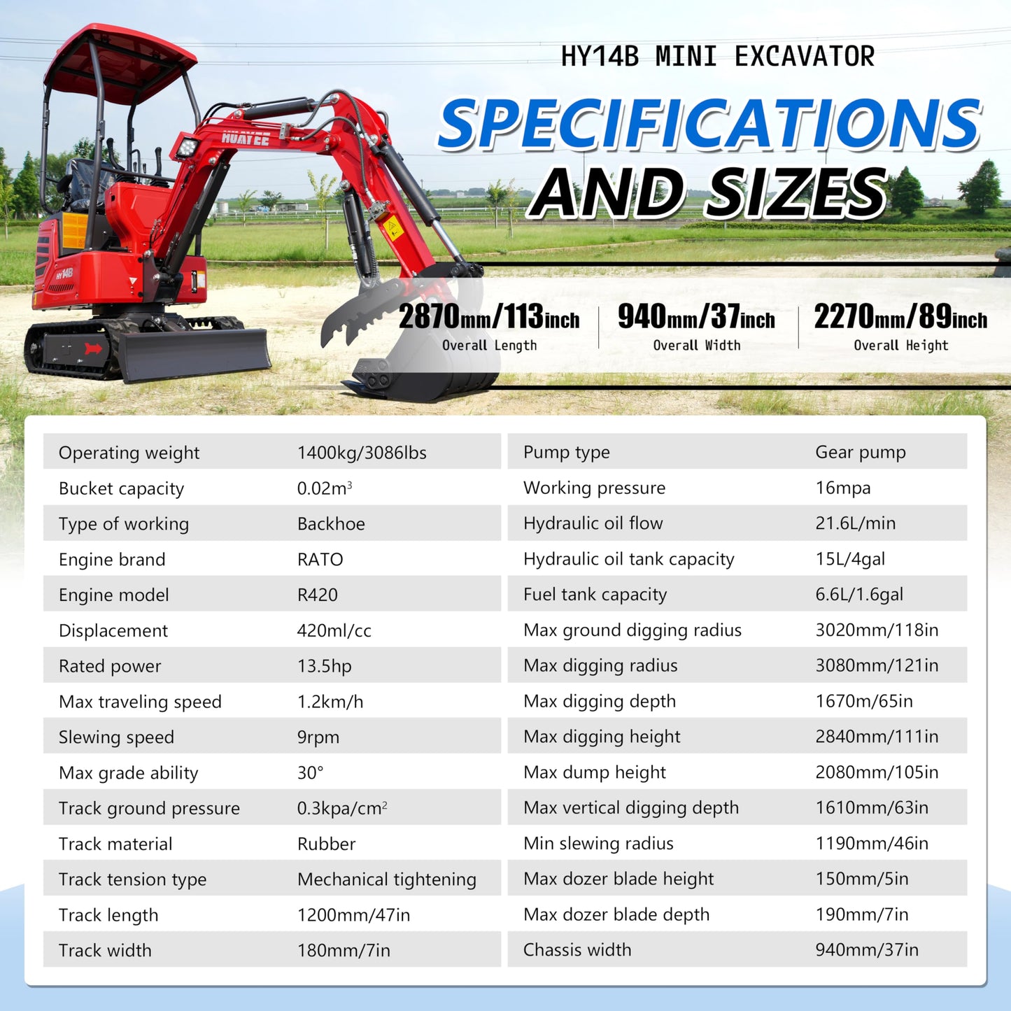 HY14B 1.4T Mini Excavator with Hydraulic Thumb, Quick Coupler, 13.5HP Gasoline Engine, EPA Certified, Rubber Tracks for Compact Digging Jobs, Curbside delivery & Professional unloading Included