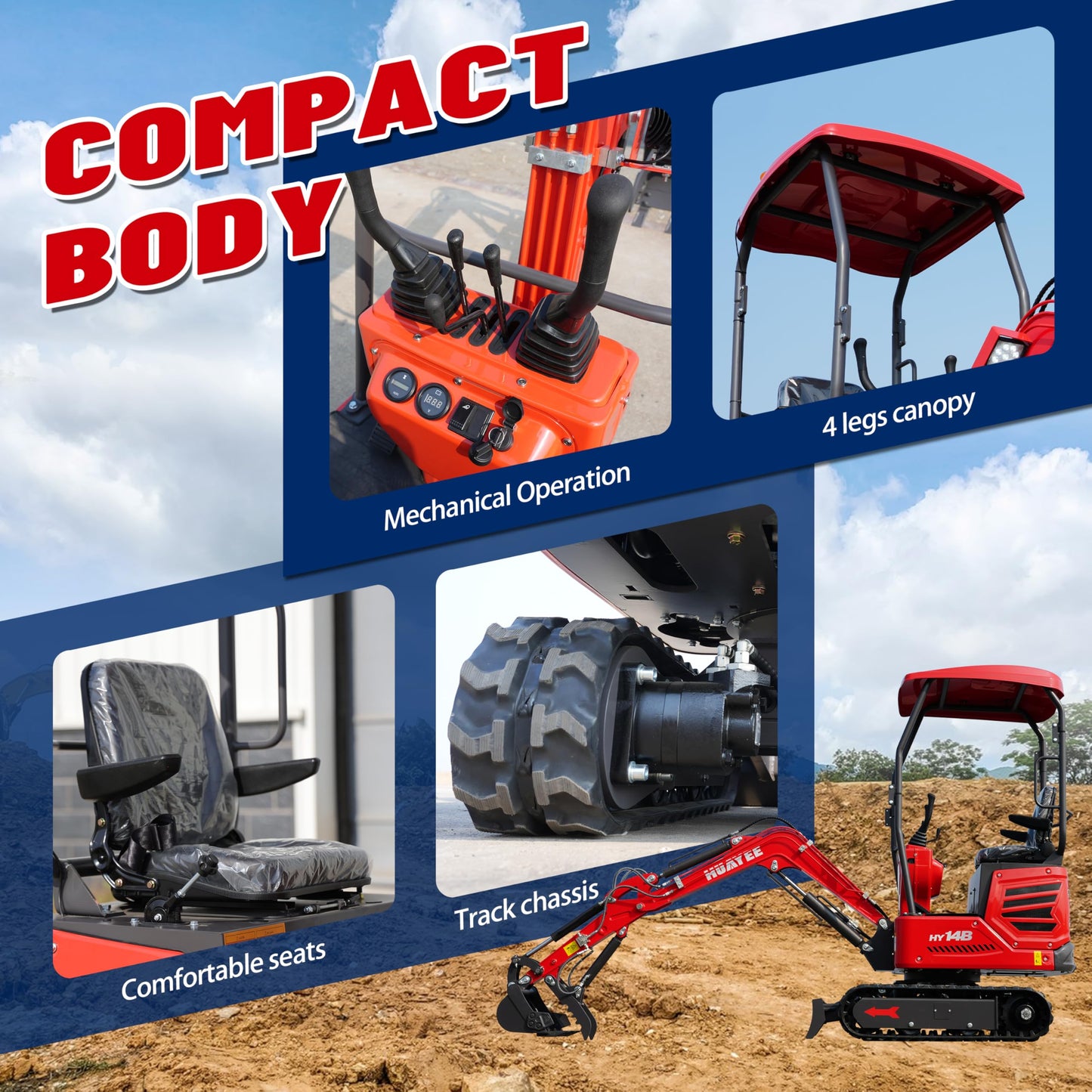 HY14B 1.4T Mini Excavator with Hydraulic Thumb, Quick Coupler, 13.5HP Gasoline Engine, EPA Certified, Rubber Tracks for Compact Digging Jobs, Curbside delivery & Professional unloading Included