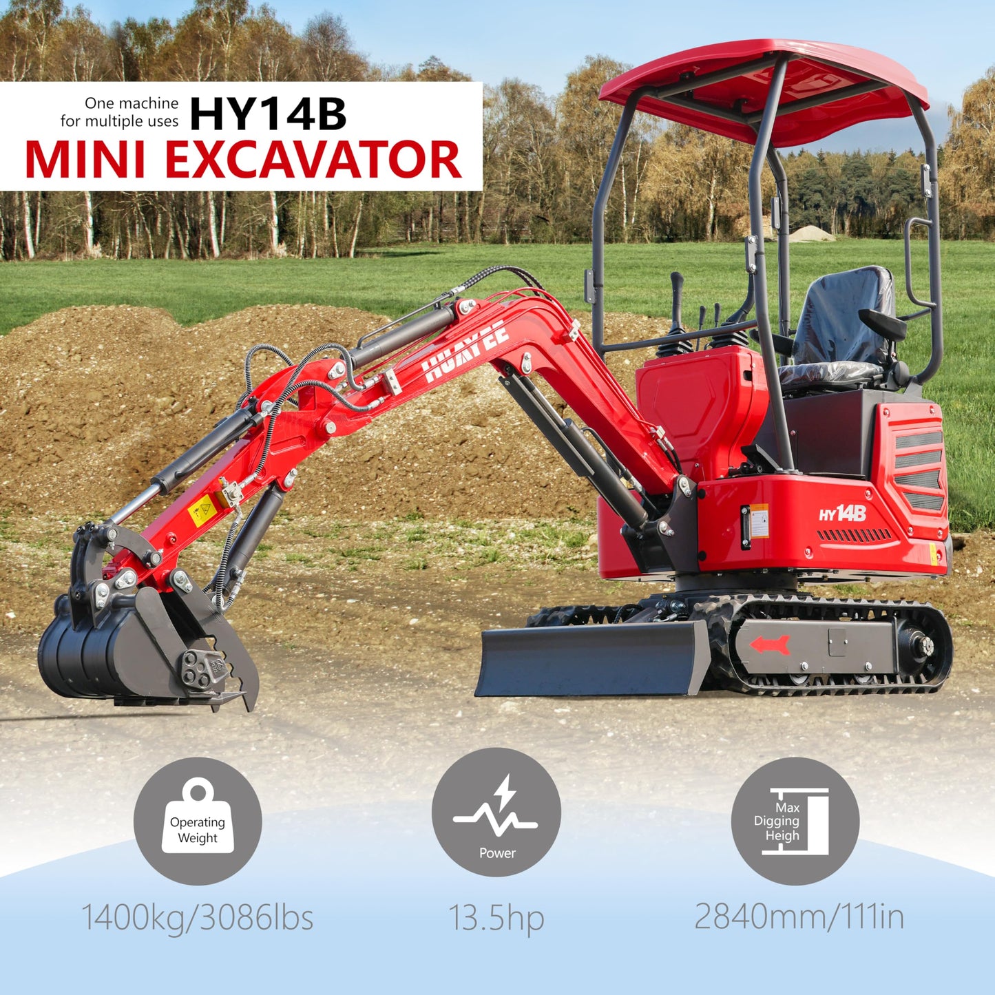 HY14B 1.4T Mini Excavator with Hydraulic Thumb, Quick Coupler, 13.5HP Gasoline Engine, EPA Certified, Rubber Tracks for Compact Digging Jobs, Curbside delivery & Professional unloading Included