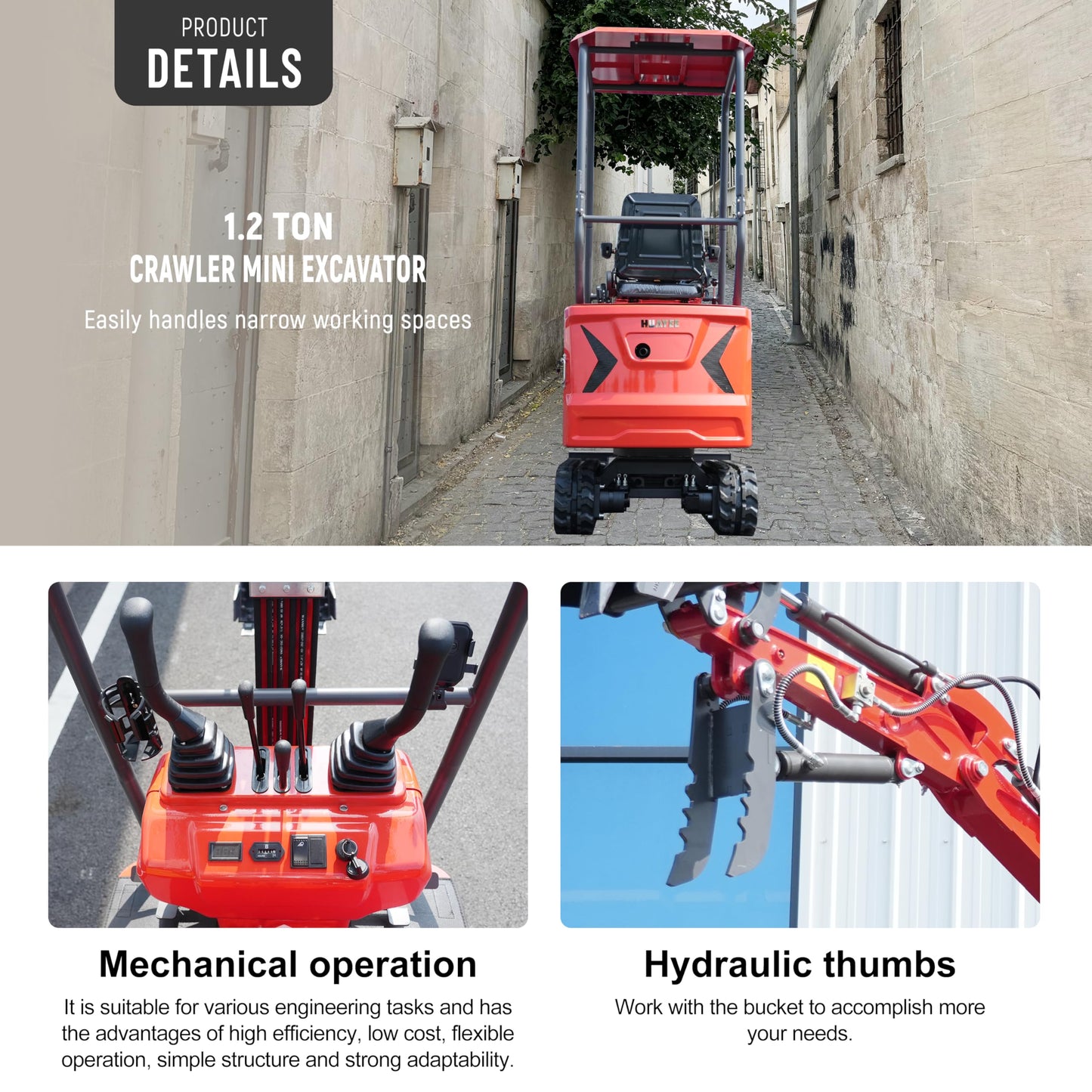 HY12C 1.2 Ton Mini Excavator with Hydraulic Thumb, 13.5HP Gasoline Engine EPA Certified, Compact Tracked Digger for Material Handling, Trenching, Landscaping, Includes delivery & unloading services