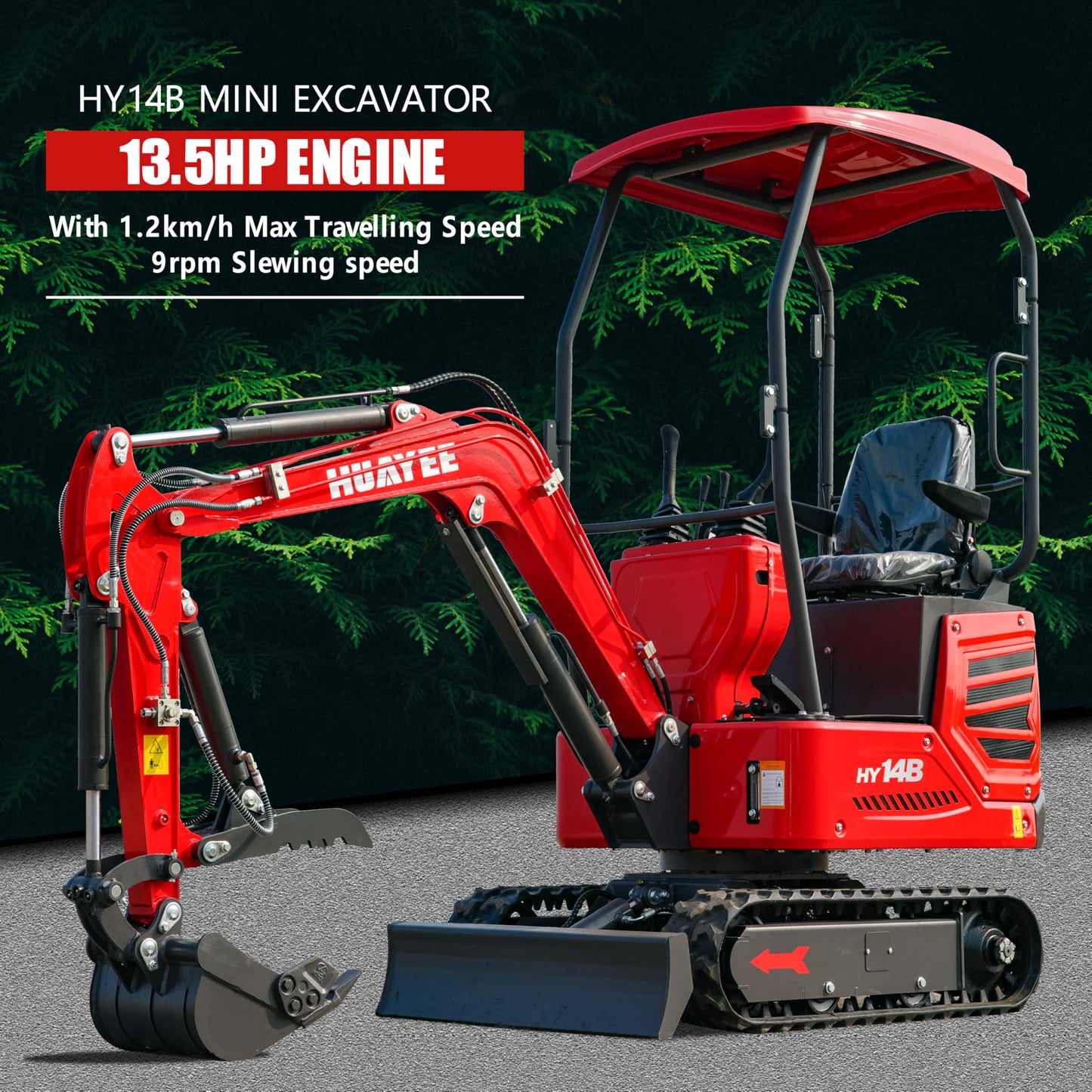 HY14B 1.4T Mini Excavator with Hydraulic Thumb, Quick Coupler, 13.5HP Gasoline Engine, EPA Certified, Rubber Tracks for Compact Digging Jobs, Curbside delivery & Professional unloading Included