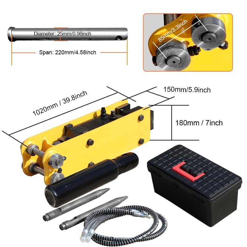 HUAYEE Hydraulic Breaker with Pins, Hydraulic Hoses & 3 Chisels – Heavy-Duty Attachment for 1-1.8 Ton Mini Excavators.in-Stock in The US