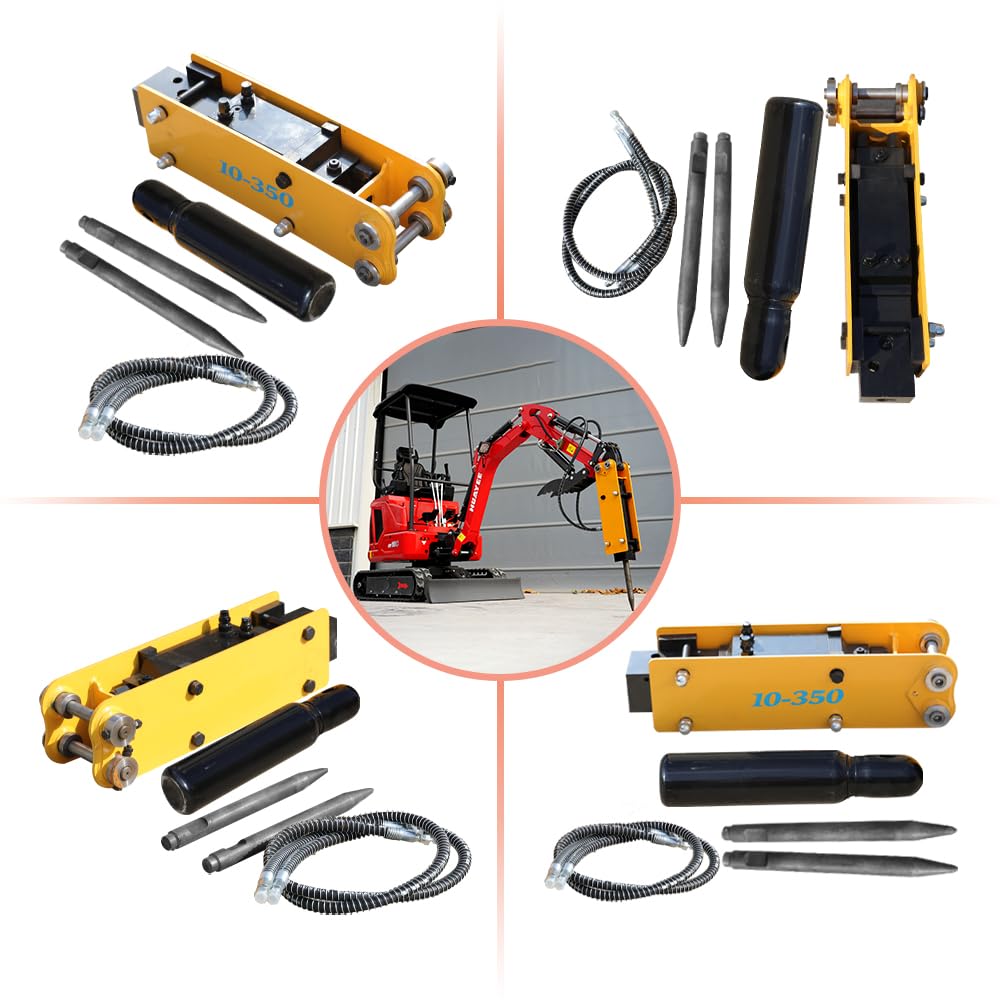 HUAYEE Hydraulic Breaker with Pins, Hydraulic Hoses & 3 Chisels – Heavy-Duty Attachment for 1-1.8 Ton Mini Excavators.in-Stock in The US