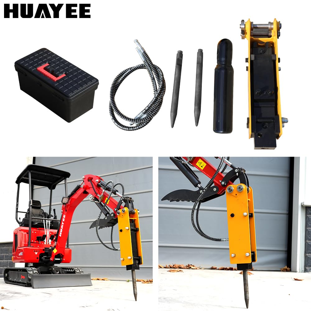 HUAYEE Hydraulic Breaker with Pins, Hydraulic Hoses & 3 Chisels – Heavy-Duty Attachment for 1-1.8 Ton Mini Excavators.in-Stock in The US