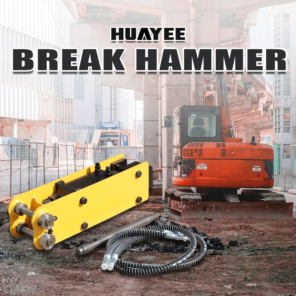 HUAYEE Hydraulic Breaker with Pins, Hydraulic Hoses & 3 Chisels – Heavy-Duty Attachment for 1-1.8 Ton Mini Excavators.in-Stock in The US
