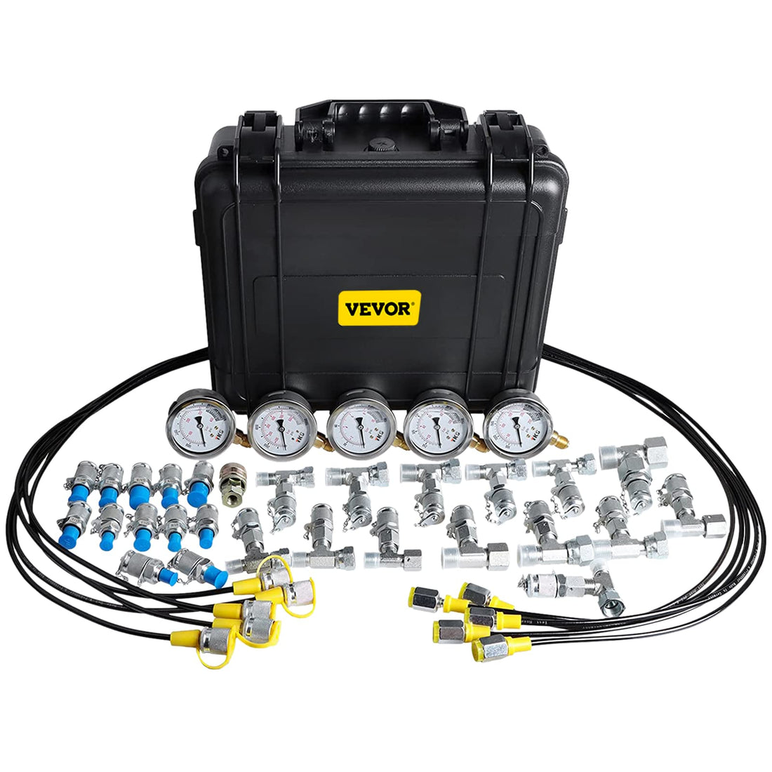 VEVOR Hydraulic Pressure Test Kit, 10/100/250/400/600bar, 5 Gauges 13 Test Couplings 14 Tee Connectors 5 Test Hoses, Hydraulic Gauge Kit with Sturdy Carrying Case, for Excavator Construction Machinery
