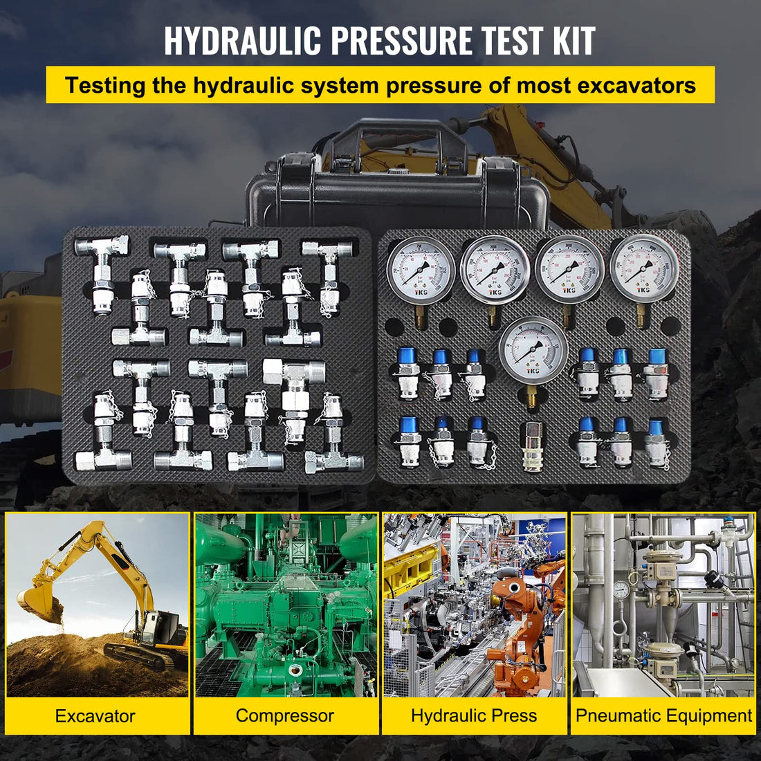 VEVOR Hydraulic Pressure Test Kit, 10/100/250/400/600bar, 5 Gauges 13 Test Couplings 14 Tee Connectors 5 Test Hoses, Hydraulic Gauge Kit with Sturdy Carrying Case, for Excavator Construction Machinery